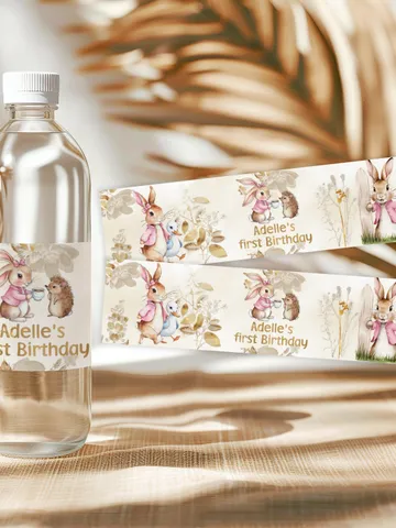 Editable and Printable water bottle Label template 1st Baby Birthday party in Peter Rabbit style instant download and unlimited access pr777 $10.45