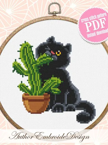 Black cat and cactus cross stitch pattern PDF download Funny cat cross stitch chart, Cactus pattern digital PDF, Plant lover gift #K47 $4.30