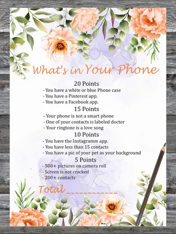 Pastel Flowers What's in Your Phone Birthday Party Game,Adult Birthday party game-fun games for her-Instant download $1.75