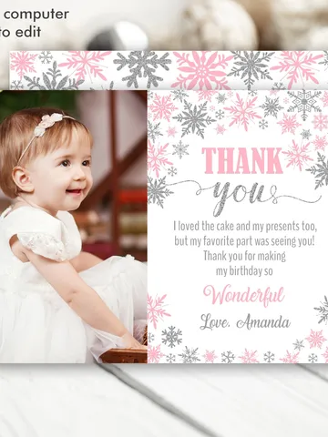Winter Onederland Thank you card with photo, Winter Onederland Birthday Girl Decorations, Pink Silver Snowflake Note Card editable template $6.00