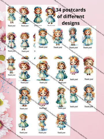 Postcards with watercolor illustrations of girls "Thank you" $6.00