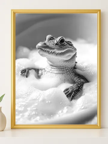 Baby Alligator in Bubble Bath Wall Art, Funny Bathroom Animal Print, Quirky Reptile Décor, Digital Download