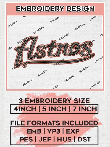 MLB Astros Wordmark Logo Embroidery Design Files, MLB Houston Astros Team Embroidery, MLB Teams, 3 sizes, MLB Machine embroidery designs, Digital Download $6.99