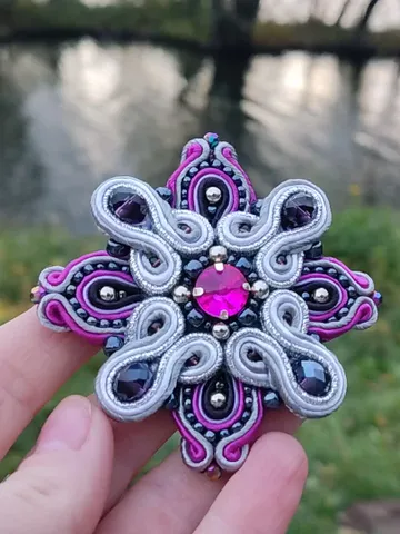 Beaded brooch, pink brooch, brooch flower, Embroidered soutache brooch, royal cross brooch