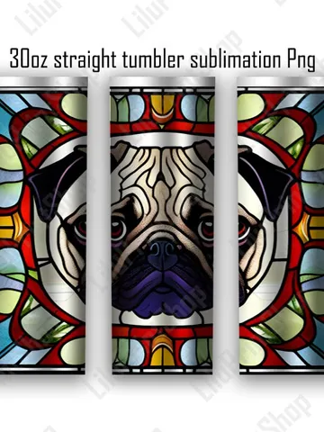 Stained Glass Pug tumbler sublimation 30oz Pug head tumbler design Straight skinny tumbler png Pet lover wrap digital INSTANT DOWNLOAD ONLY $2.98