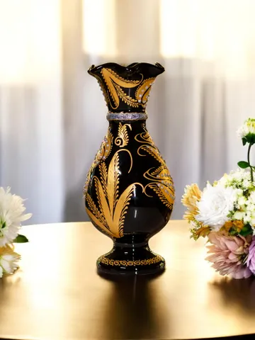 Vase For Flowers | Hand-Embellished Floral Design | Stylish Contemporary Home Decor | Decorative Black Flower Holder