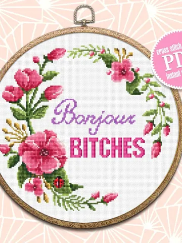 Funny cross stitch pattern digital PDF Bonjour Bitches cross stitch quote Instant download Floral frame cross stitch Best bitch gift #Q21 $4.50