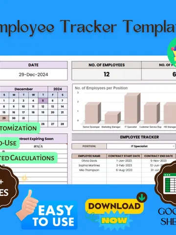 Employee Tracker Template, Editable Google Sheets, Digital Tool for Managing Employee Details and Performance Tracking $8.26