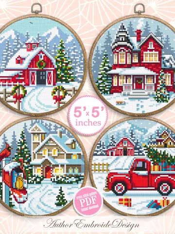Christmas houses cross stitch pattern PDF download Winter landscape cross stitch chart, Merry Christmas pattern digital PDF, Red barn #N180 $13.00