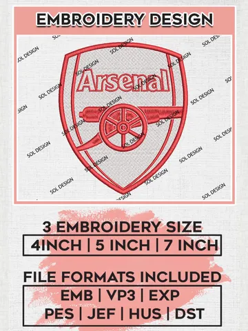 Arsenal Embroidery Design Files, Premier League Embroidery files, EPL Arsenal Logo, Football, Digital Download $6.99
