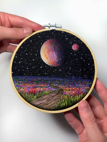 Embroidered and needle felted painting "Two worlds"