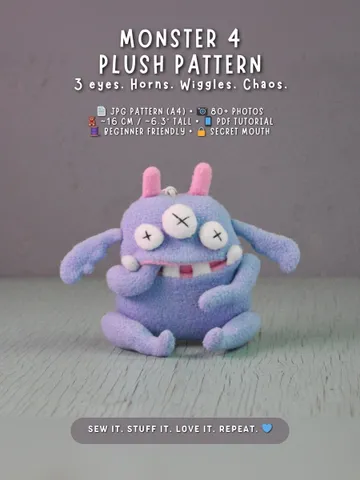 PDF Plush Toy Pattern – 3-Eyed Fleece Monster Softie DIY $9.50