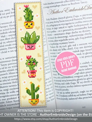 Cactus bookmark cross stitch pattern PDF download Kawaii cactus cross stitch chart, Floral bookmark pattern digital PDF, Potted plants #B341 $4.40