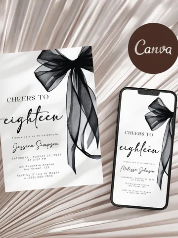 Coquette Black Bow 18th Invitation, Editable Eighteenth Birthday Party Invite, DIY Digital Black Ribbon, Cheers to Eighteen Invite $8.00