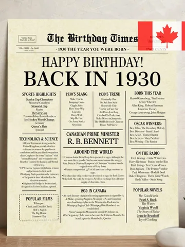 95th Birthday Newspaper Poster, Born in 1930, Vintage 1930 Canada Sign, Canadian Trivia, 95 Years Ago Printable Birthday Decor $7.00