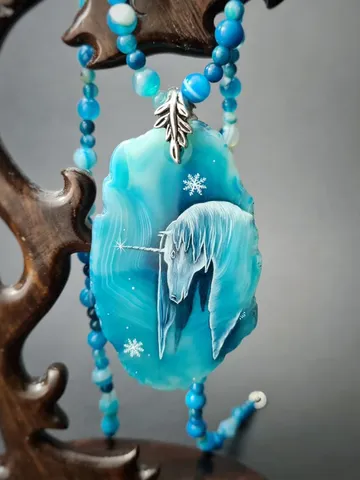 Unicorn necklace real oil painting Miniature on agate One of a kind Present OOA $120.00