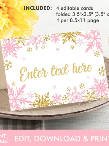 Winter Onederland Food Card, Winter Tent Card, Place Cards Table Card, Winter Onederland Birthday Girl Decorations Pink Gold Editable $4.00