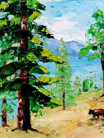 Lake Tahoe Painting Bears Art Sequoia Original Art National Park Impasto Oil Painting Small Impressionist Art Travel Gifts by ArtProkopaloSv $90.00