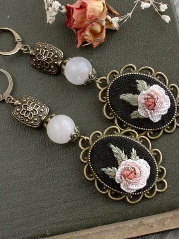 Victorian blush floral earrings Pink rose earrings dangle Long rose quartz earrings victorian cameo jewelry royalcore $45.00