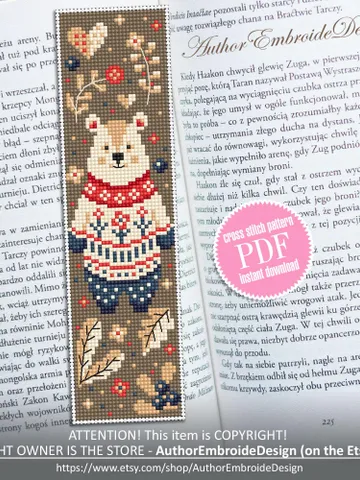 Animal bookmark cross stitch pattern PDF download Scandinavian folk bear cross stitch chart, Autumn bookmark pattern digital PDF #B425 $4.40