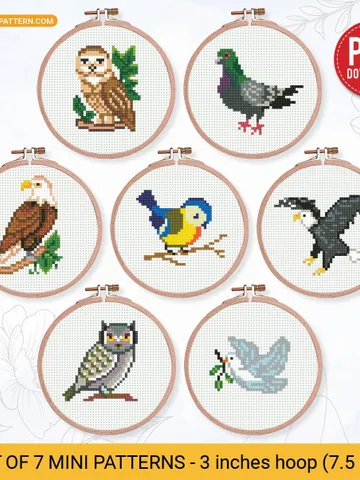 Bundle mini Birds 7 Cross stitch patterns, contemporary, Abstract, 3 inches, beginner, modern chart, gift DIY, embroidery, instant PDF $9.21