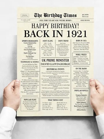 104th Birthday Newspaper Poster Back in 1921 Printable Sign 1921 Birthday Fun Facts 104 Years Ago UK Digital Download $7.00