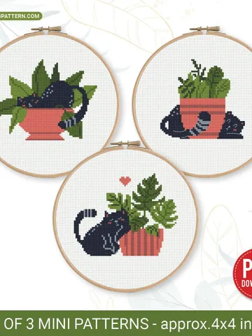 Mini cats with Plants set 3 Cross stitch patterns, contemporary, Floral, animals, beginner, modern chart, gift DIY, embroidery, Digital PDF $8.60