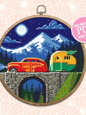 Travel cross stitch pattern download PDF Vintage travel trailer cross stitch chart Nature landscape embroidery PDF Adventure awaits #L12 $4.60