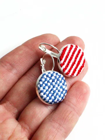 Patriotic 4th of July earrings USA flag Minimalist miniature jewelry Red white and blue leverback earring American flag jewelry gift for her