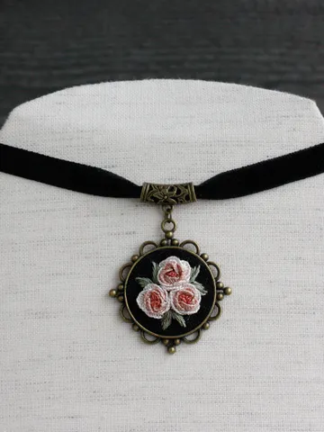 Black ribbon necklace with cameo pendant Floral royalcore black choker for women Blush pink handmade Victorian roses necklace $49.00