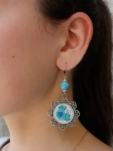 Aqua sky blue long flower earrings with aquamarine quartz Victorian cameo lever back teal green earrings with roses Wedding floral jewelry $40.20