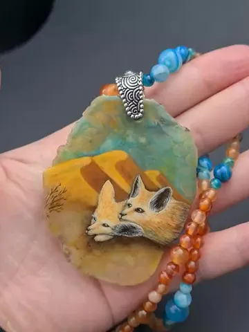 Desert fox fenech necklace with big ears Hand painted jewelry miniature painting $90.00