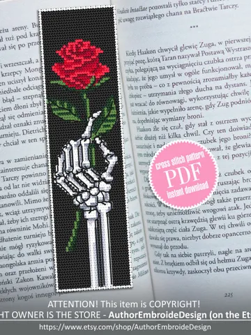 Gothic bookmark cross stitch pattern Skeleton hand cross stitch chart, Rose flower embroidery, Handmade bookmark Instant download PDF #B104 $4.40