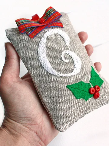 Linen handmade personalized Christmas tree ornament monogram Initial hanging embroidery sachet lavender Scottish tartan Christmas ornament