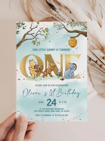 Classic Winnie Pooh Baby Birthday Invitation; Winnie Pooh Baby Birthday ; Greenery Baby Birthday; Honey Bear Birthday; Winnie Pooh wp $12.78