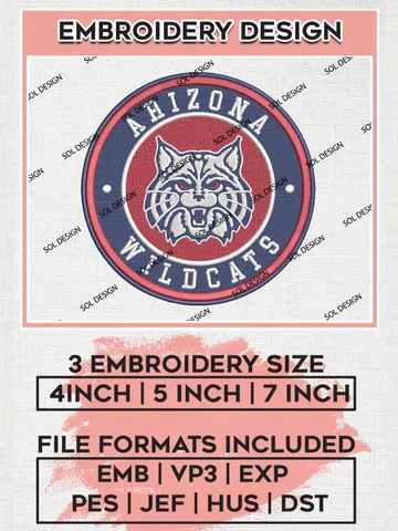 NCAA Arizona Wildcats Round Logo Embroidery, NCAA Arizona Wildcats Embroidery Design files, NCAA Teams, NCAA Machine embroidery designs, Digital Download