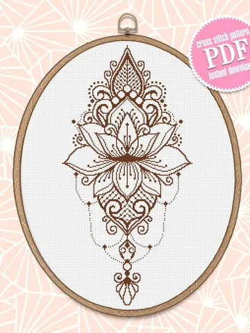 Lotus mandala cross stitch pattern download PDF, Monochrome mandala pattern digital PDF, Lotus flower cross stitch chart, Home decor #M99 $4.60