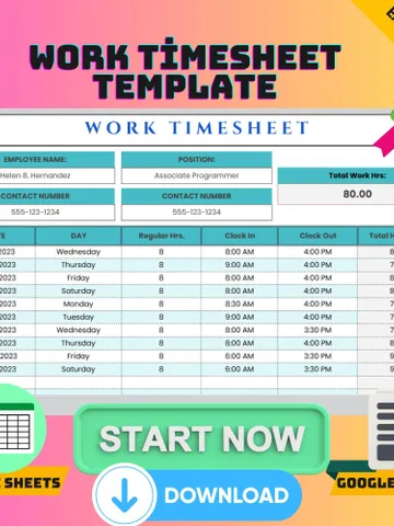 Work Timesheet Template, Google Sheets Time Tracker, Digital Download, Easy-to-Use Weekly Employee Hours Log for Payroll $6.86
