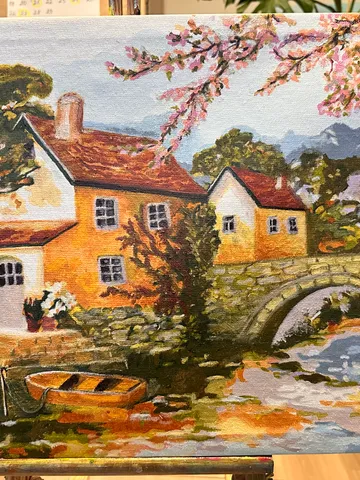 Oil Painting A Quiet Corner of Old Europe Cityscape Old Town River Embankment Stretched Canvas 40x50 cm 16x20 inches Wall Decor Gift for the Occasion $277.00