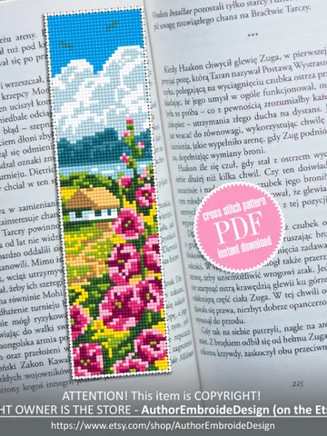 Nature bookmark cross stitch pattern download PDF Modern handmade bookmark digital Ukraine village cross stitch chart, Book lover gift #B105 $4.40