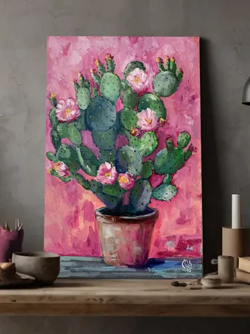 Cactus Painting with Pink Flowers – Original Oil Art on Canvas 16x24 inches