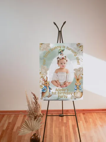 Editable Photoframe Photoprop Board template for 1st Baby Birthday party in Peter Rabbit style instant download and unlimited access pr888 $11.62