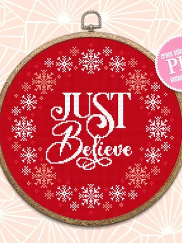 Christmas cross stitch pattern download PDF, Snowflake wreath cross stitch Christmas quotes Just believe, Christmas pattern digital PDF #N43 $4.60
