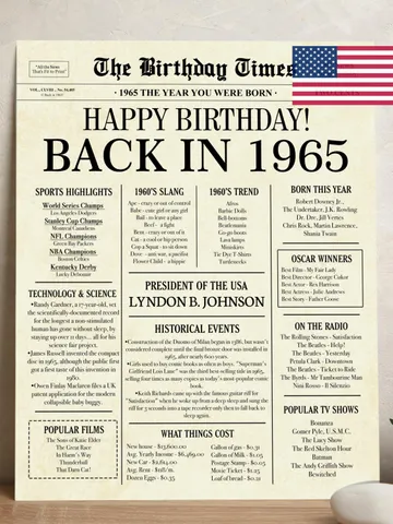 1965 60th birthday newspaper with USA fun facts, 1965 birthday board poster sign, birthday decoration, 60 years ago back in 1965 printable $7.00