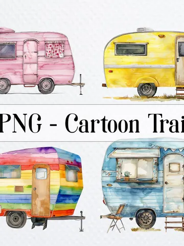 18 Cartoon Trailer PNG Bundle, Camping Trailer Printable Watercolor clipart for sublimation, High Quality PNGs, digital crafting, journaling $2.64