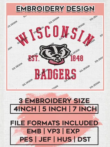 Wisconsin Badgers Est 1848 Logo Embroidery Designs, NCAA Wisconsin Badgers Team Embroidery, NCAA Team Logo, 3 sizes, Machine embroidery Files, Digital Download $6.99