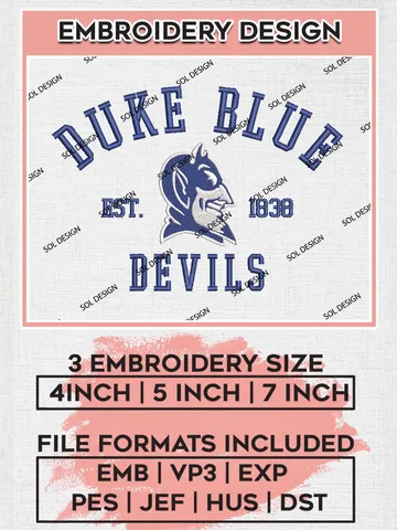 Duke Blue Devils Est 1838 Embroidery Designs, NCAA Duke Blue Devils Team Embroidery, NCAA Team Logo, 3 sizes, Machine embroidery Files, Digital Download $6.99