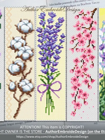 Flower bookmark set cross stitch pattern PDF download Floral bookmark for women, Bookmark pattern digital PDF Lavender, Sakura, Cotton #B265 $17.45