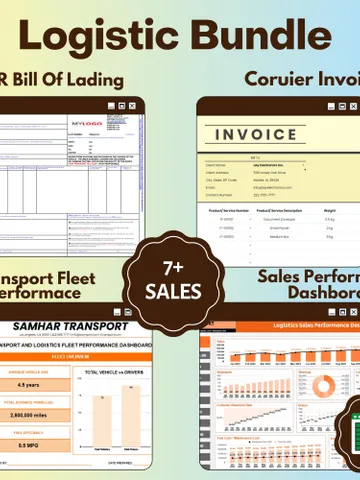 Complete Logistics and Transport Bundle | CMR Bill of Lading, Courier Invoice, Fleet Performance Tracker, Sales Dashboard | Google Sheets $16.66