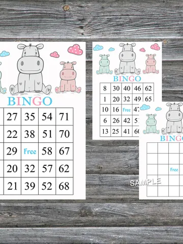 Family hippo bingo cards,hippo bingo game,Safari printable bingo cards,60 Bingo Cards,INSTANT DOWNLOAD--183 $3.95